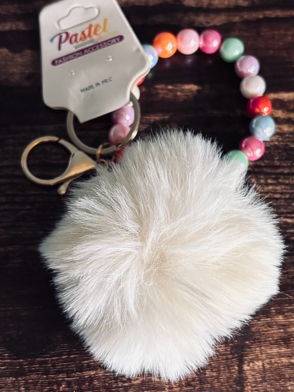 Pastels Multicolor Beaded Keyring‎ with Cream Pom Pom